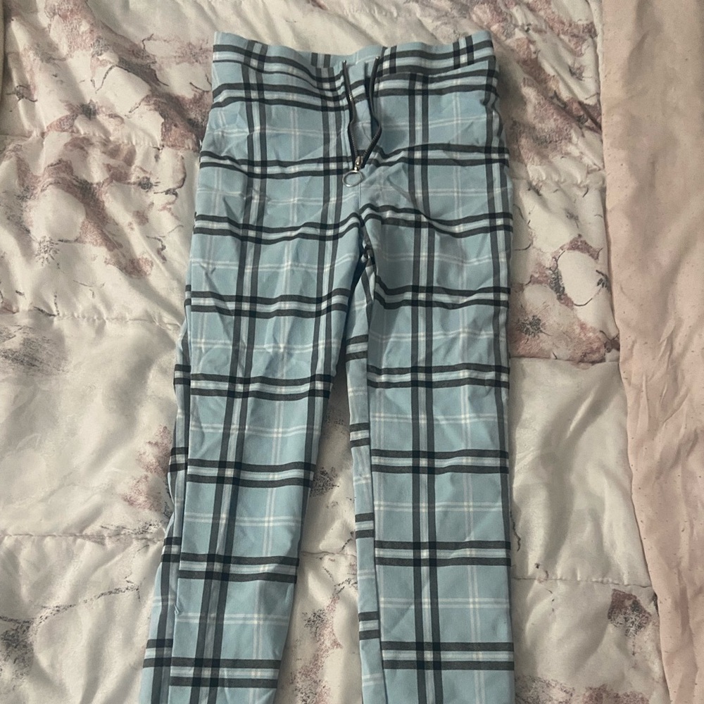 light blue and black plaid pants